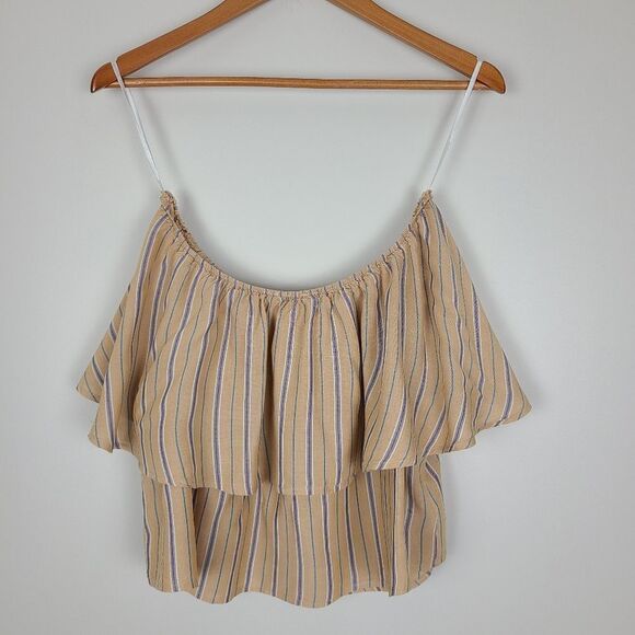 Urban Outfitters Kimchi Blue Tan Stripe Off The Shoulder Ruffle Top Small - Picture 11 of 16